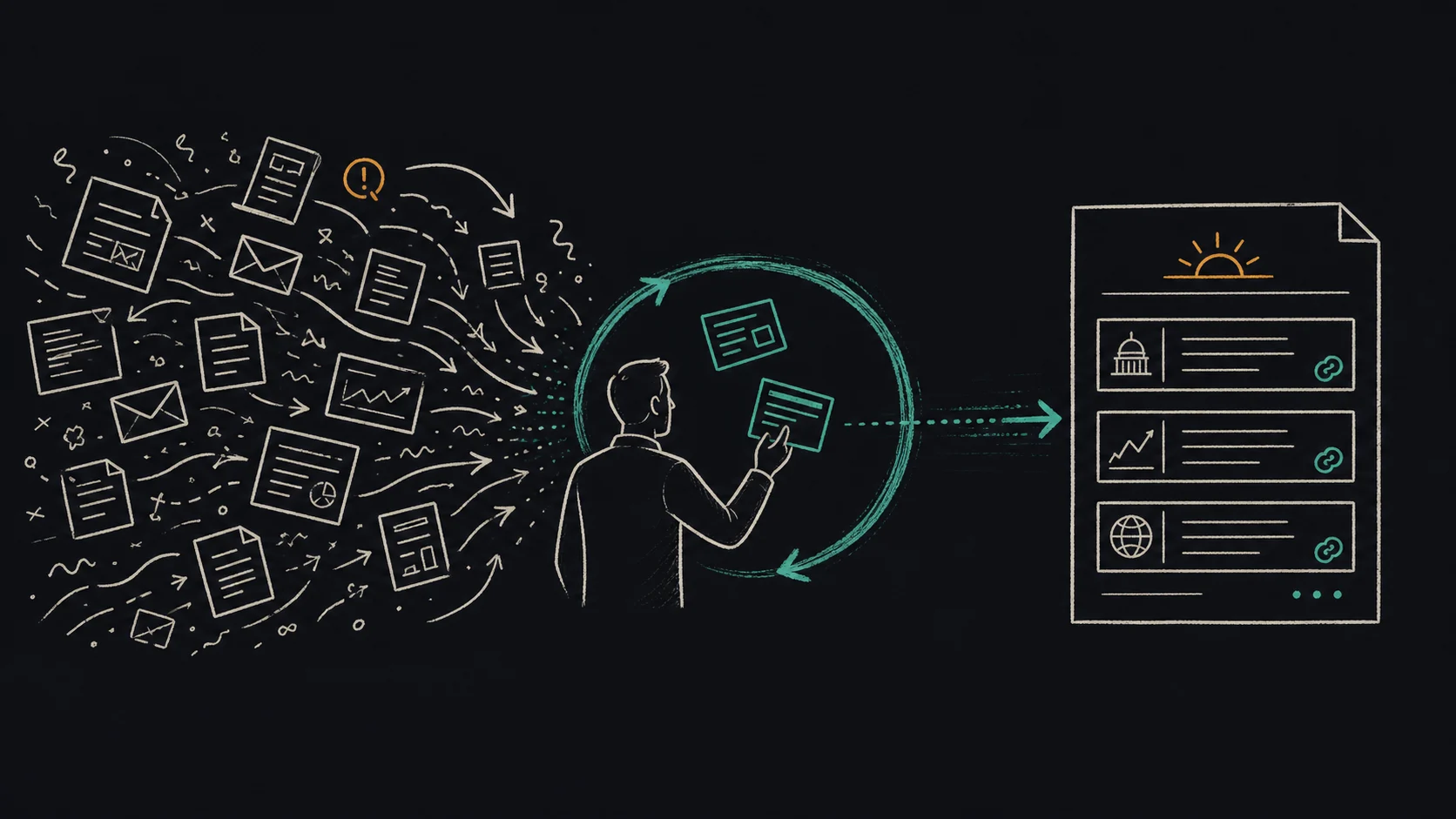 Hand-drawn newsletters and alerts passing through an analyst's filtering loop and becoming one sourced, up-to-date brief