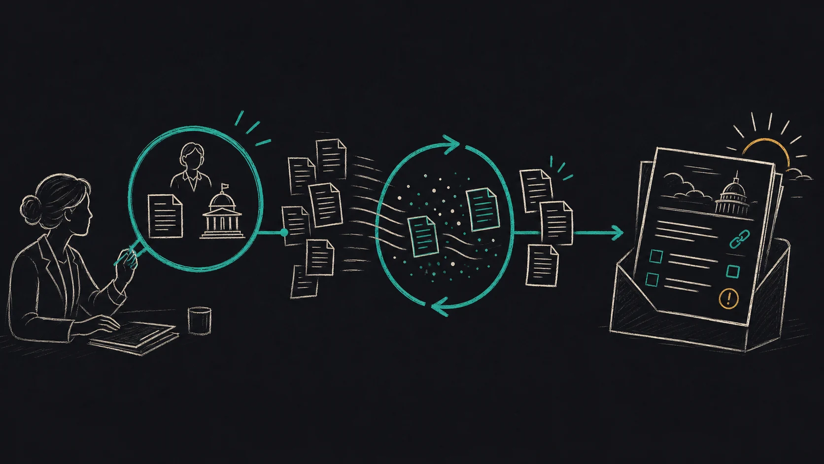 Hand-drawn workflow showing a policy professional choosing watchlist targets, relevant sources passing through a filtering loop, and a sourced, up-to-date brief